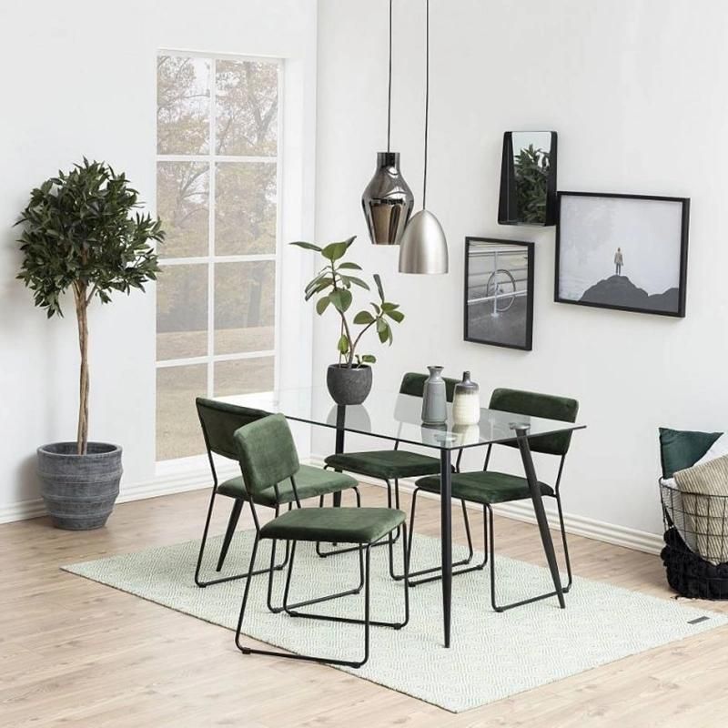 Modern 4 Seats Tempered Glass Dining Table Set with Fabric Seat Square Legs Chair