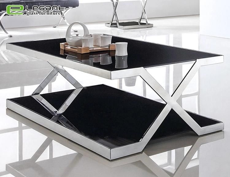 Modern Square Metal Legs Black Tempered Glass Center Table