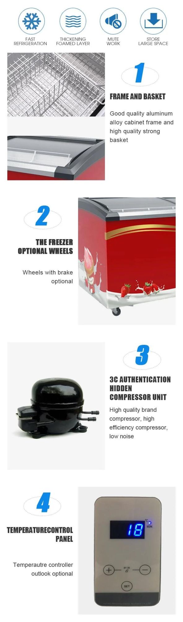 China Factory Wholesale Price Curved Sliding Glass Door 168L Mini Ice Cream Showcase Chest Freezer