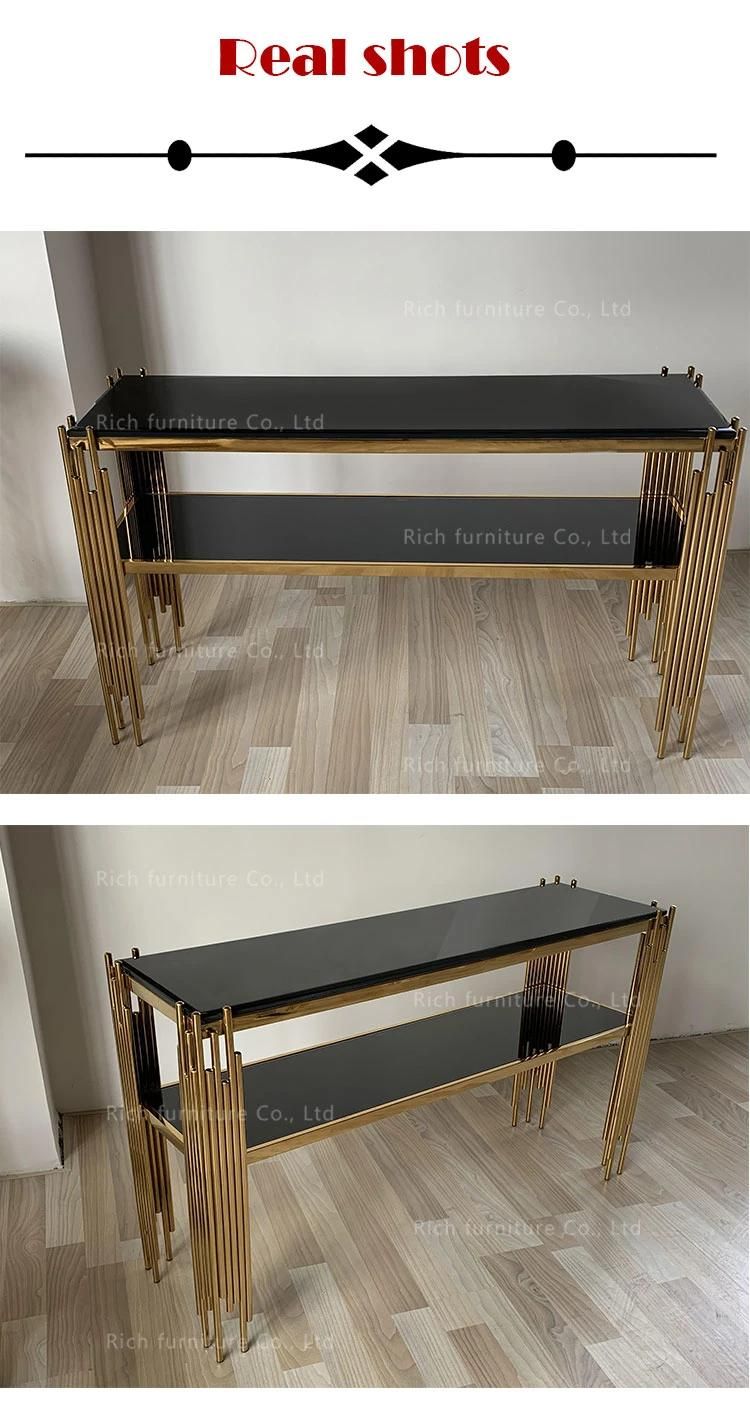 Luxury Entryway Table Gold Stainless Steel Legs Rectangle Narrow Glass Console Table