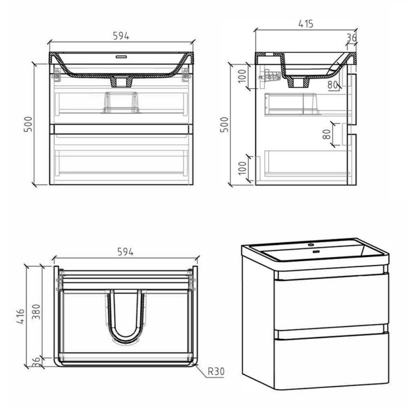 Newbold Dark Grey Gloss Bathroom Wall Hung Vanity Unit Grey Glass Basin 60cm