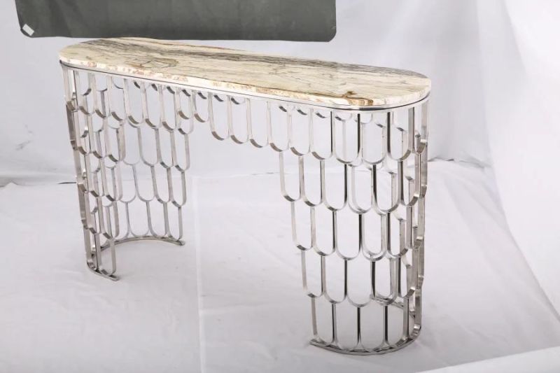 Modern Stainless Steel Console Table with Glass Top