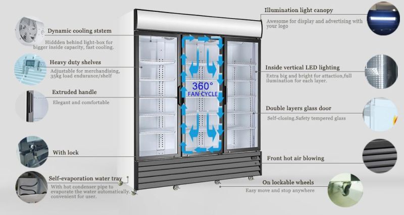 Commercial Plug-in Triple Swing-Glass Door Refrigeration Upright Display Visit Cooler Merchandising Cabinet for Soft Gelato