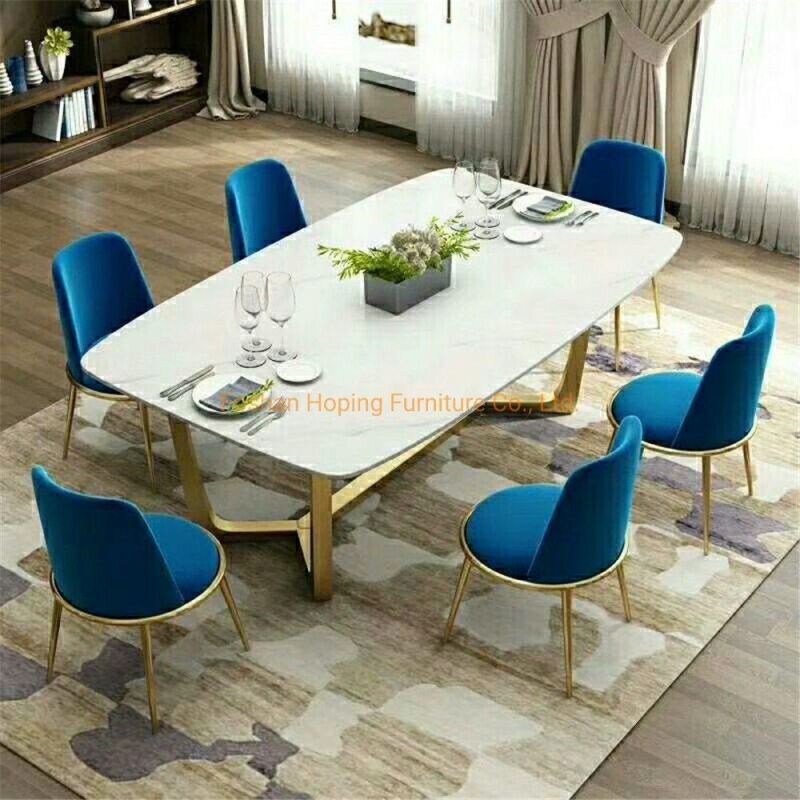 Modern Home Furniture Marble Top 1+6 Set White Square Dining Table Set with Leather Chair