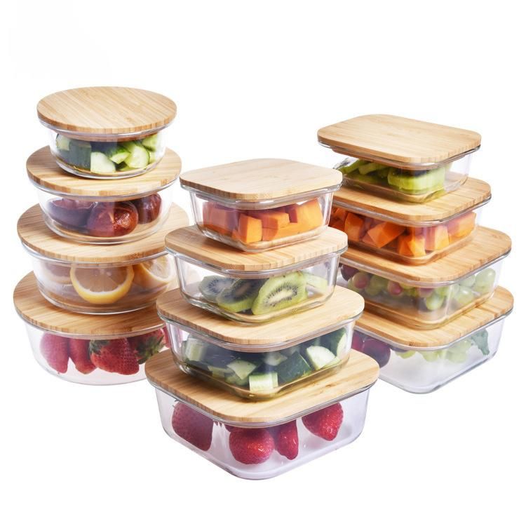 New Design Eco-Friendly High Borosilicate Glass Storage Food Container with Bamboo Wood Lid