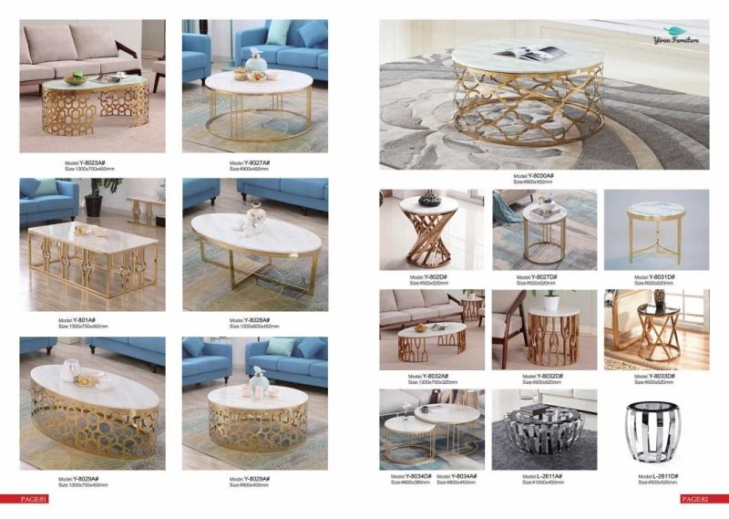 Modern Times Glass Stainless Steel Living Room Furniture Gold or Silver Round Coffee Table Marble Ends Table