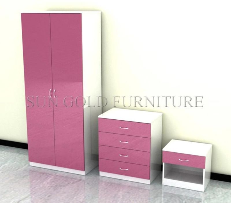 Pink Color High Gloss Wardrobe Set Chest Bedroom Furniture Set (SZ-WD014)