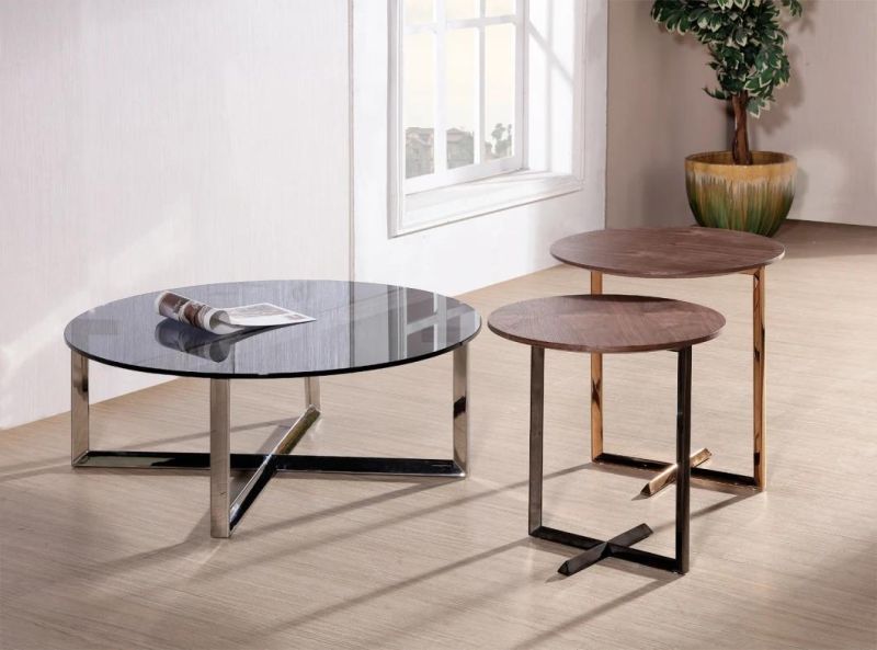 Modern Round Coffee Table Furniture with Glass in Powder Coated Gold Finish a Set