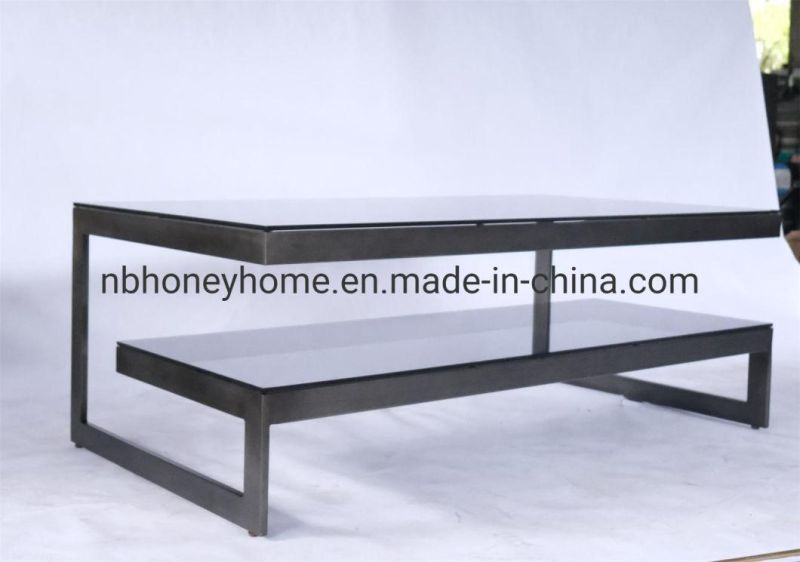 Modern Antique Black Natural Color Metal Frame Grey Glass Coffee Table