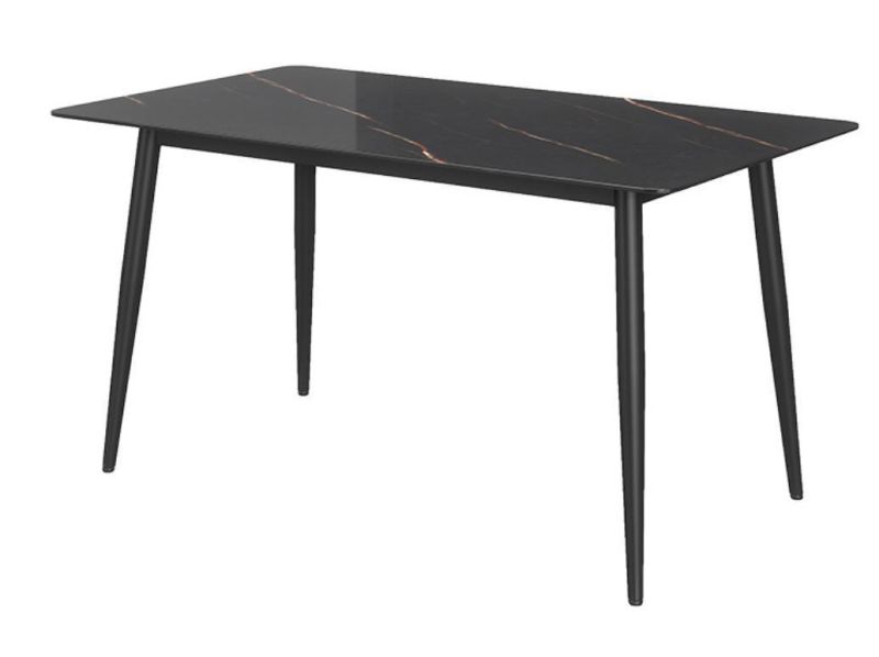 Home Livining Room Furniture Table Sets Tempered Glass Marble Effect Table Top Dining Table with Coated Steel Plate Leg