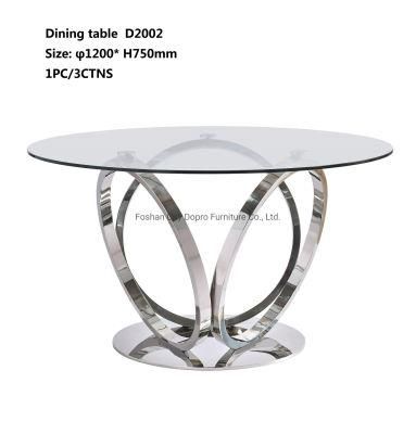 Dopro New Design Modern / Contemporary Stainless Steel Polished Silver Dining Table D2002 with Clear Tempered Glass