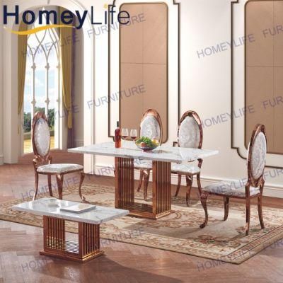 French Country Style Marble with Rose Gold Stainless Steel Leg Dining Table