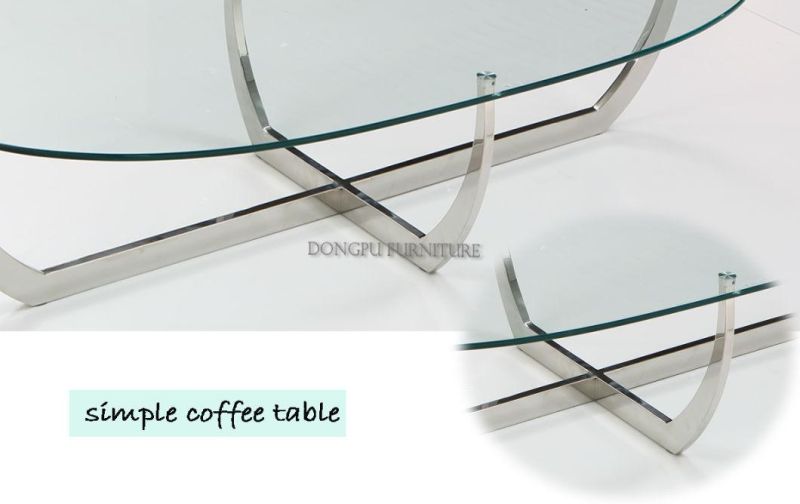 Minimalist Design Stainless Steel Double C Pillar Coffee Table with Glass Top