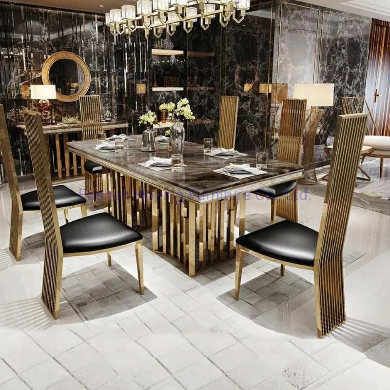 Modern Indoor House Furniture Dining Table with White Stone Top Restaurant Chromed Steel Metal Base