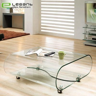 Industrial Style Living Room Glass Coffee Table with Wheel
