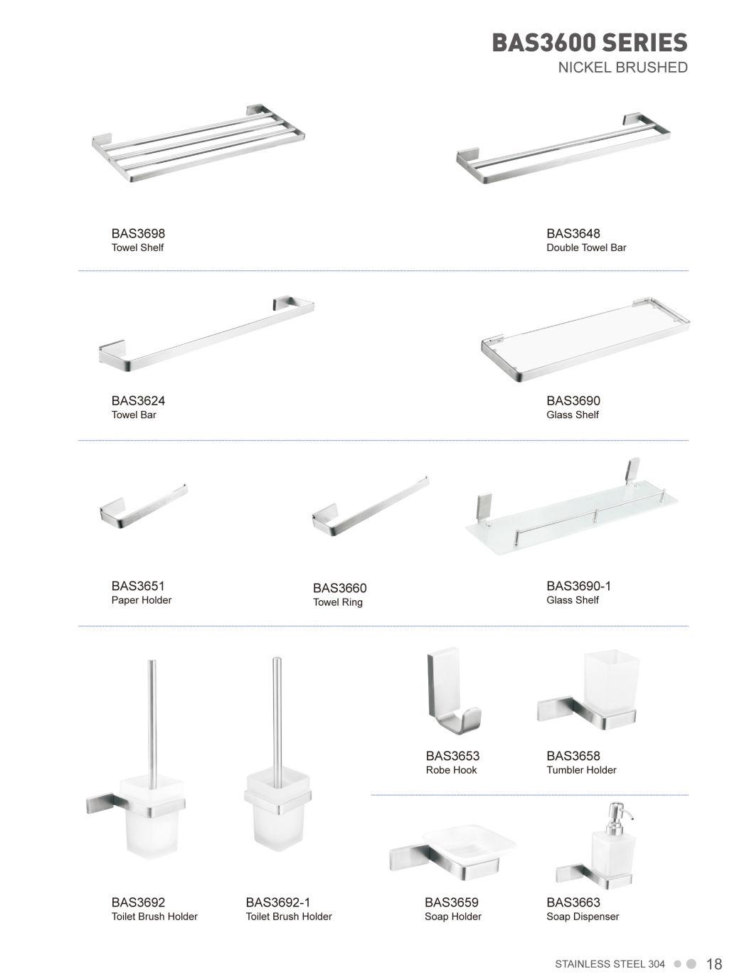 Stainless Steel 304 Bathroom Accessories Ncikel Brushed Glass Shelf (BAS3690)