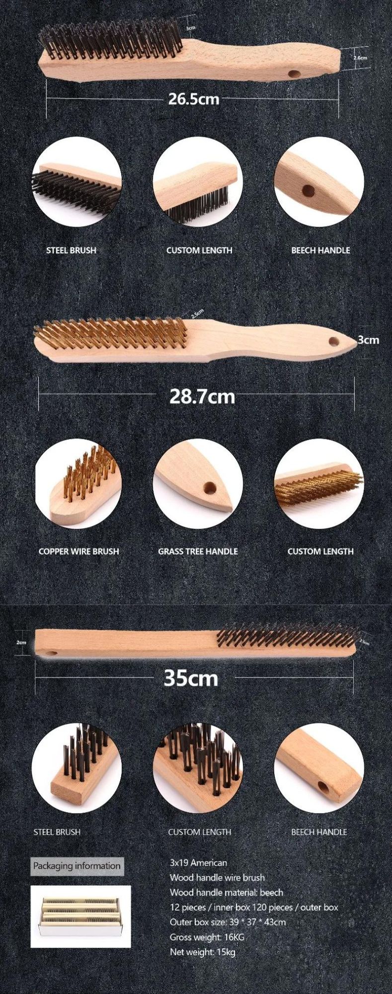 Steel Wire Brush 4*16 European Style Cleaning Hand Tool Copper Wire Brush Wooden Handle