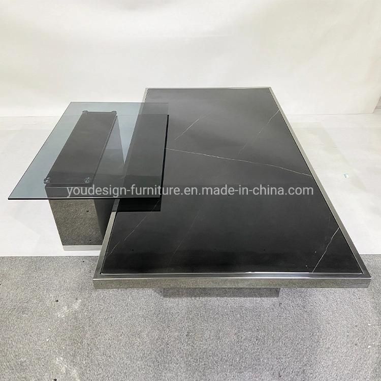 Living Room Modern Square Marble Top Mirrored Glass Center Coffee Table Set Furniture