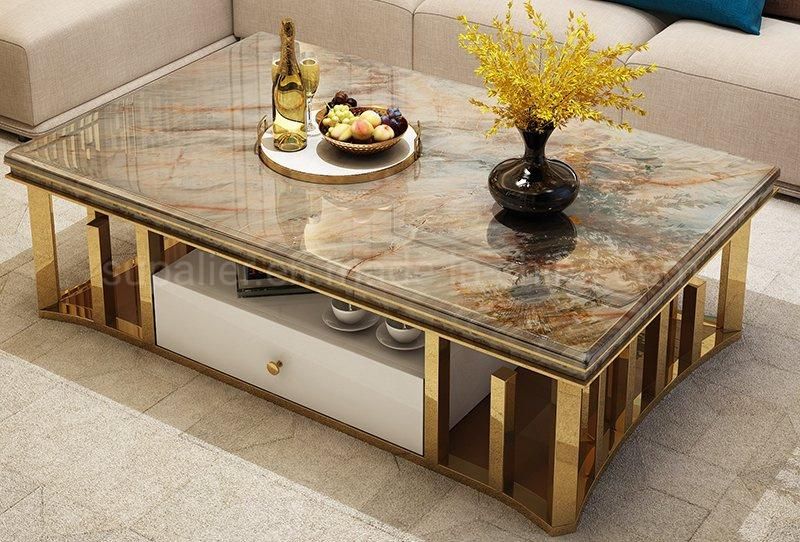 Economic Multifunction Marble Gold Coffee Table with Drawer