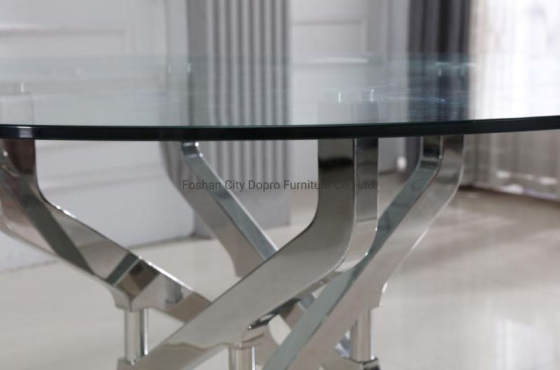 Dopro New Design Stainless Steel Polished Sivler Crossed Dining Table D2008 with Clear Tempered Glass