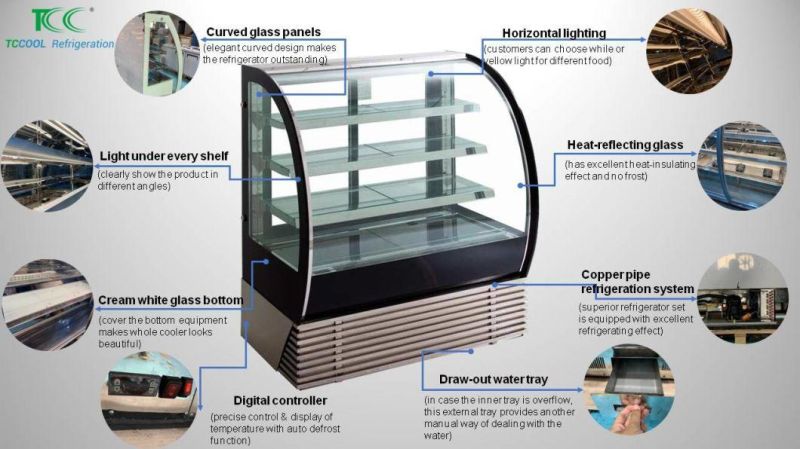 Floor Standing Curve Glass Door Bakery Bread Cake Cooler Refrigerated Positive Temperature Showcase Cooler