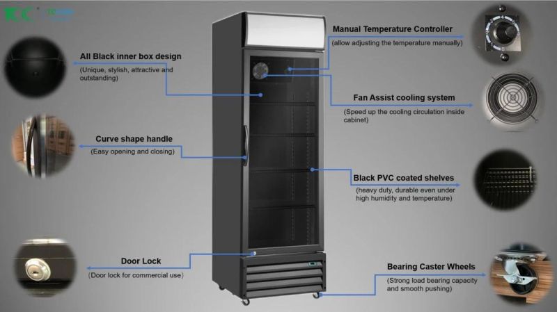 Ksa, Saudi Arabia, Black Single Door Commercial Glass Display Showcase Drink Coolers Upright Fridge Refrigerators for Sale