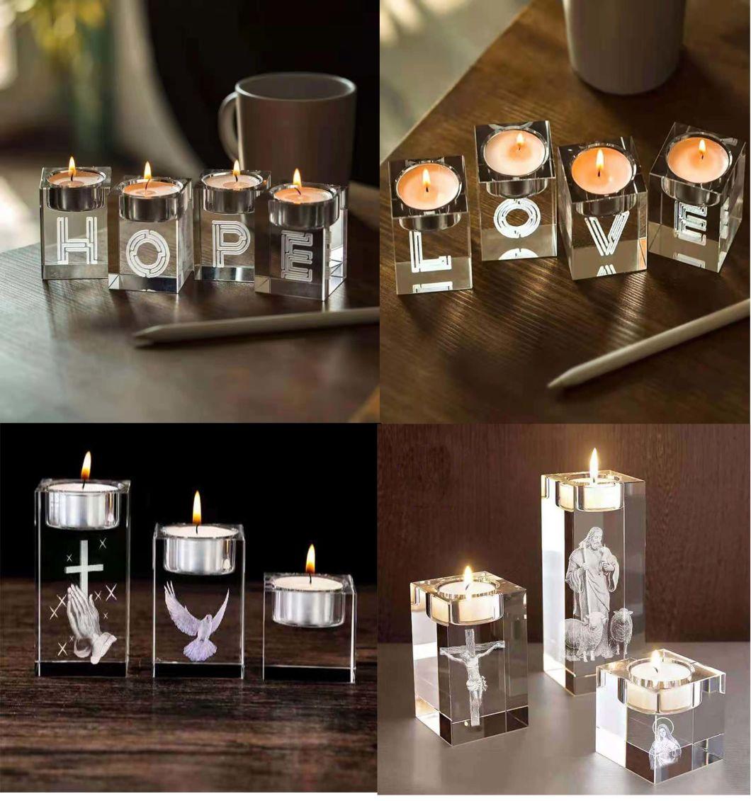 Cutom Photo 3D Engraved Crystal Glass Cube Tealight Christian Candle Holder