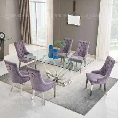 Dining Room Furniture Stainless Steel Designs Tempered Glass Top Dining Table and 6 Chairs Set