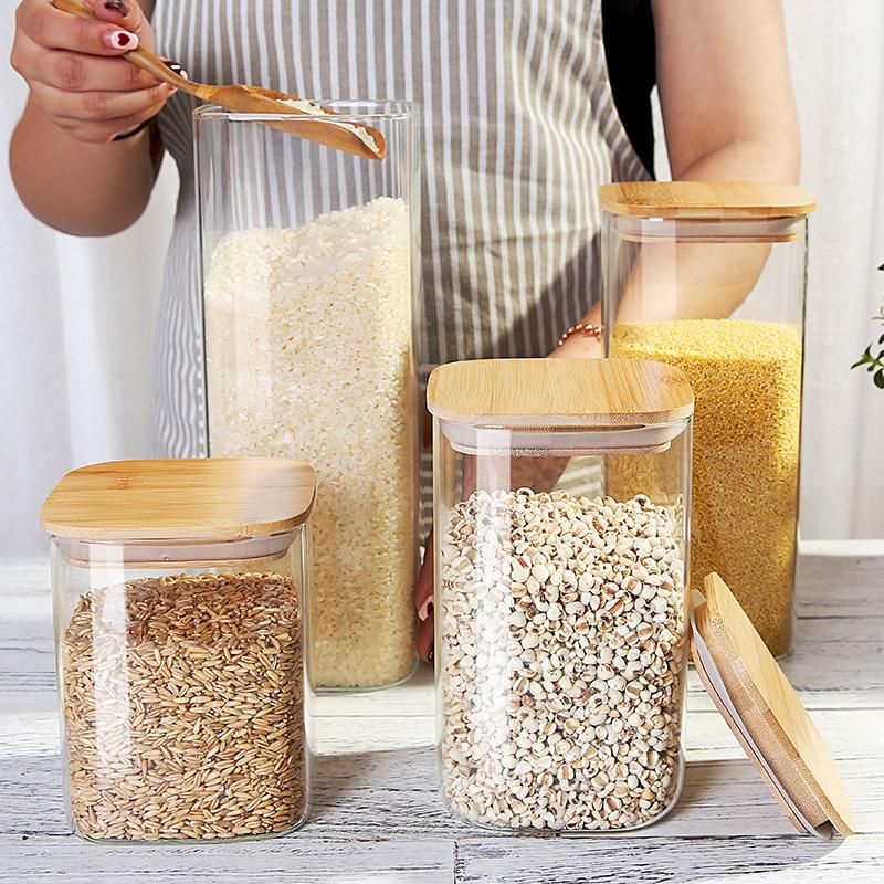 Square Glass Storage Jars with Natural Bamboo Lid Silicone Ring and Labels Kitchen Food Storage Jars