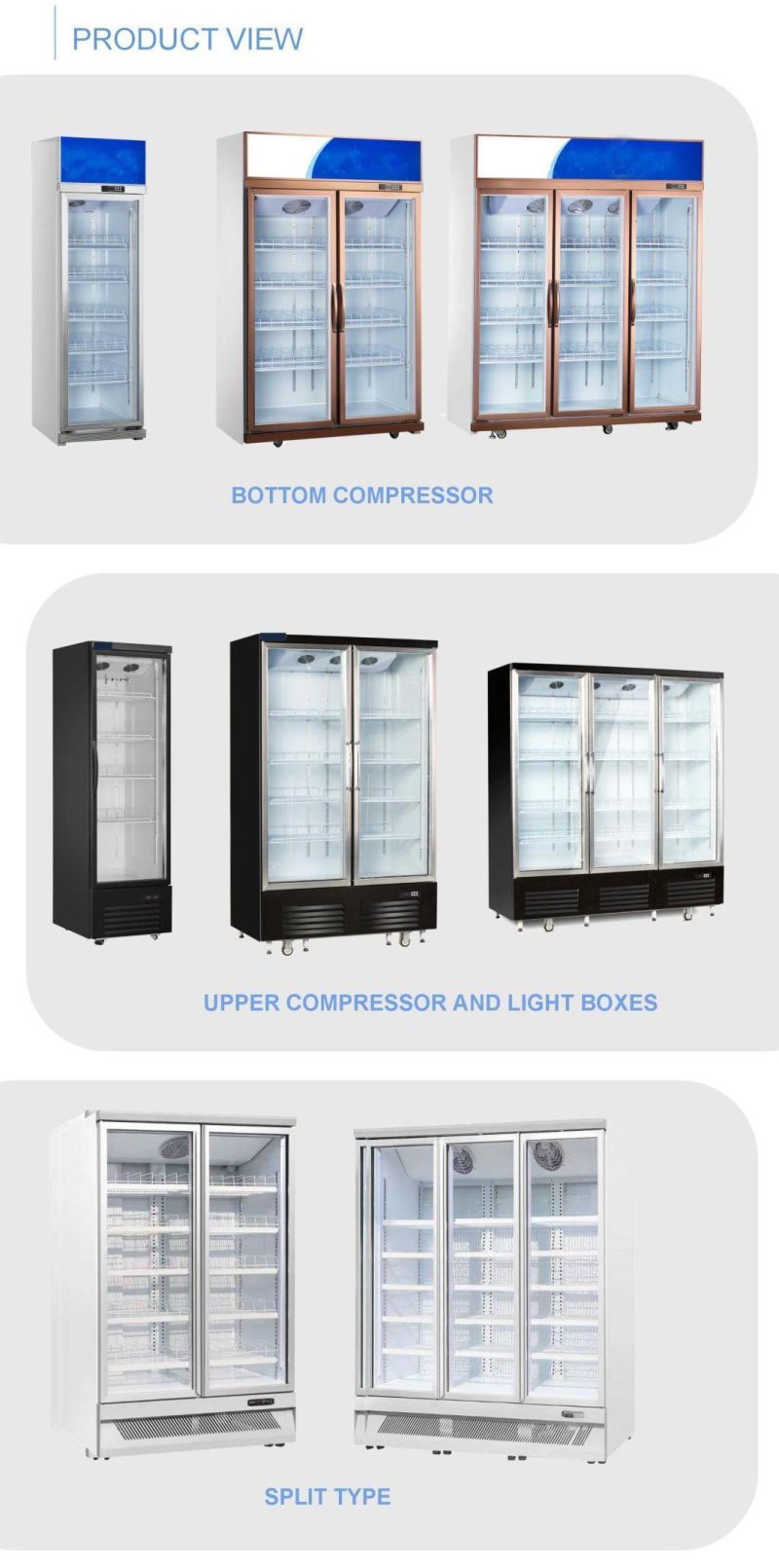 High Quality Stainless Steel Fan Cooling Vertical Unforged Glass Door Freezers for Showcase