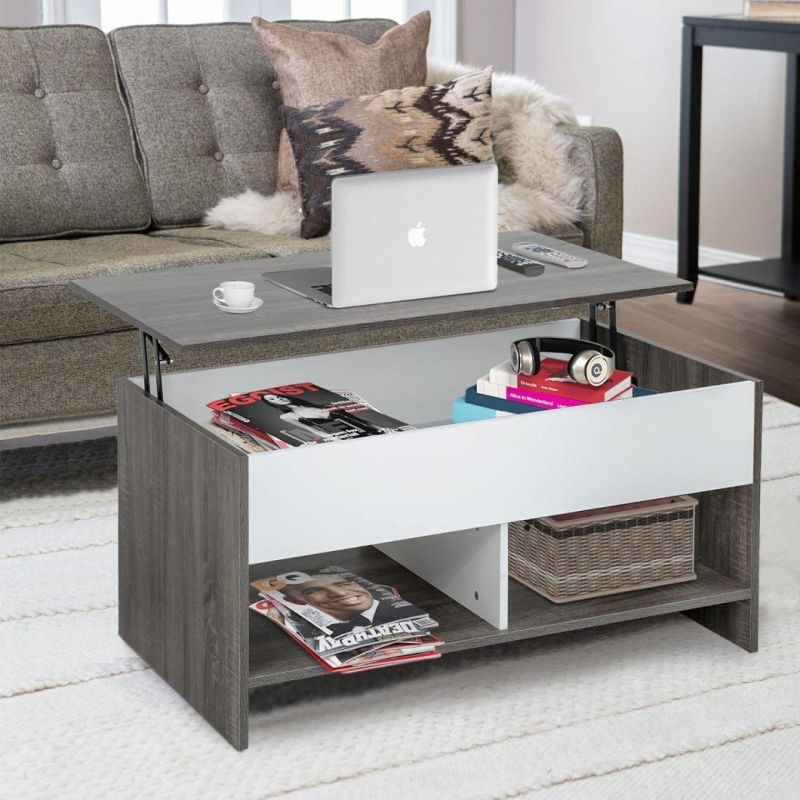 Modern White Wood Lift Top Hidden Compartment and Storage Shelf Coffee Table for Living Room