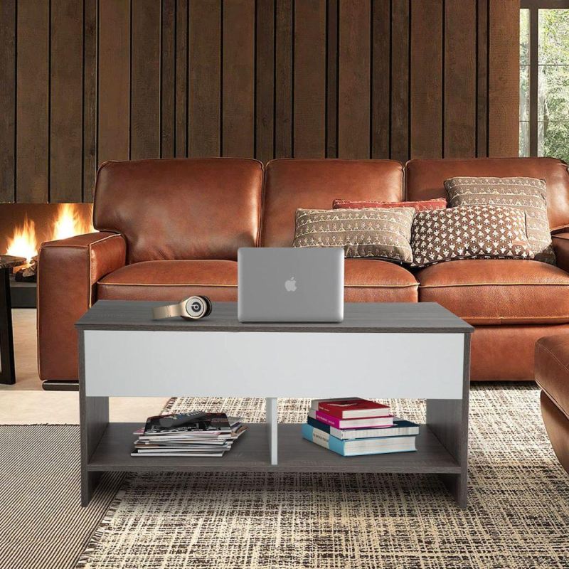 Modern White Wood Lift Top Hidden Compartment and Storage Shelf Coffee Table for Living Room