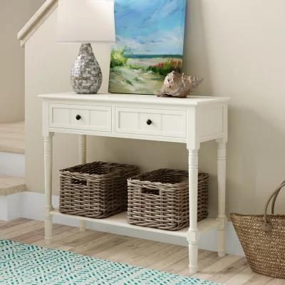 Vintage White Hotel Furniture 35.5&quot; Solid Wood Side Table Console Table Desk with 2 Drawer