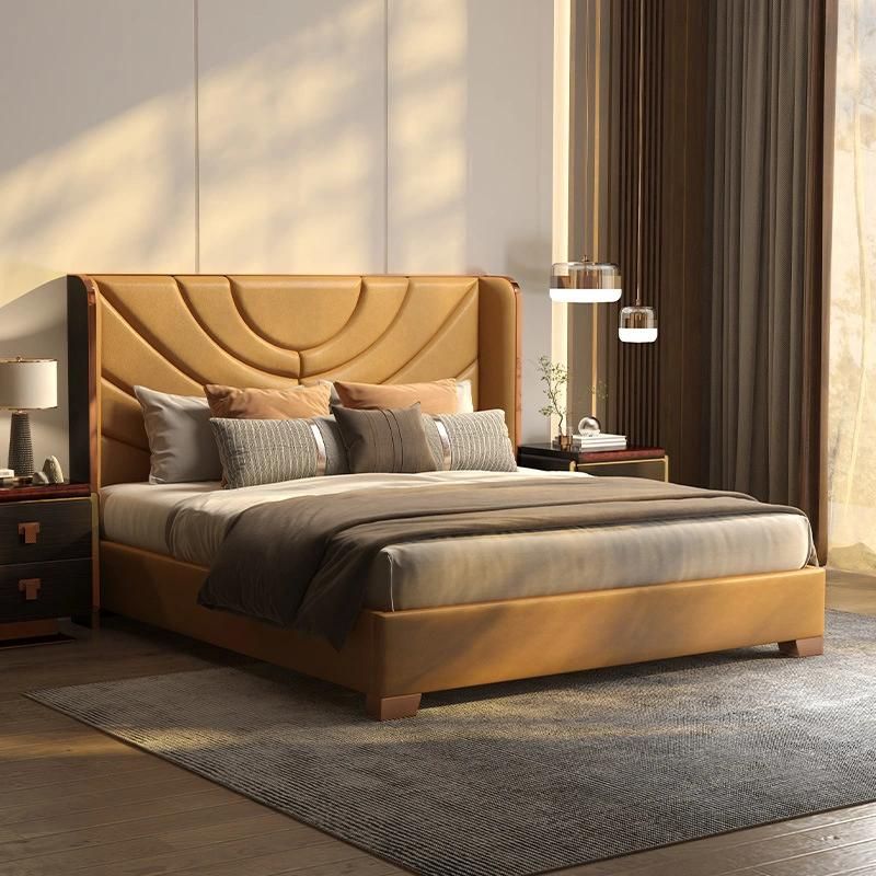 Luxury Single Double King Queen Size Modern Design Home Hotel School Furniture Bedroom Wooden Leather Bed with Storage