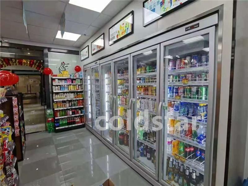 Supermarket Vertical Glass Door Front and Rear Open Door Multideck Refrigerated Chiller Showcase