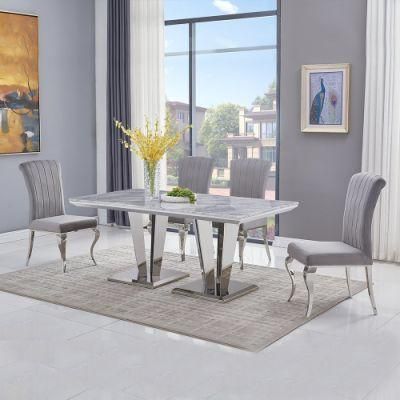 Two Silver Stainless Steel Base Dining Table with Marble Top