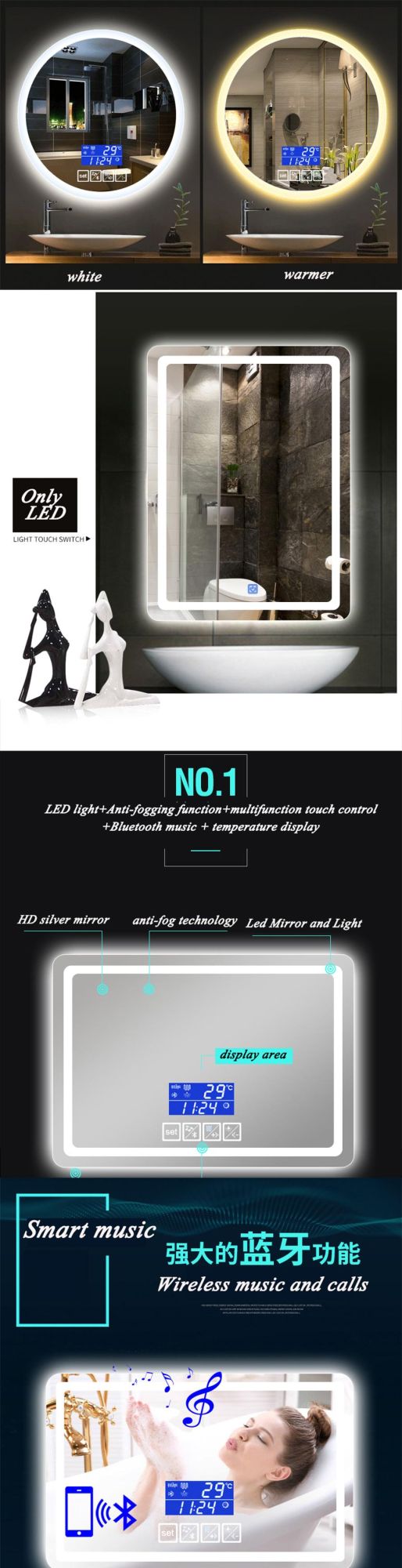 5mm Bathroom Siver Mirror with LED Light Color Mirror Round Design Bg-015