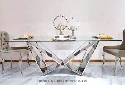 Luxury Furniture Butterfly Base Stainless Steel Dining Table with Tempered Glass Top