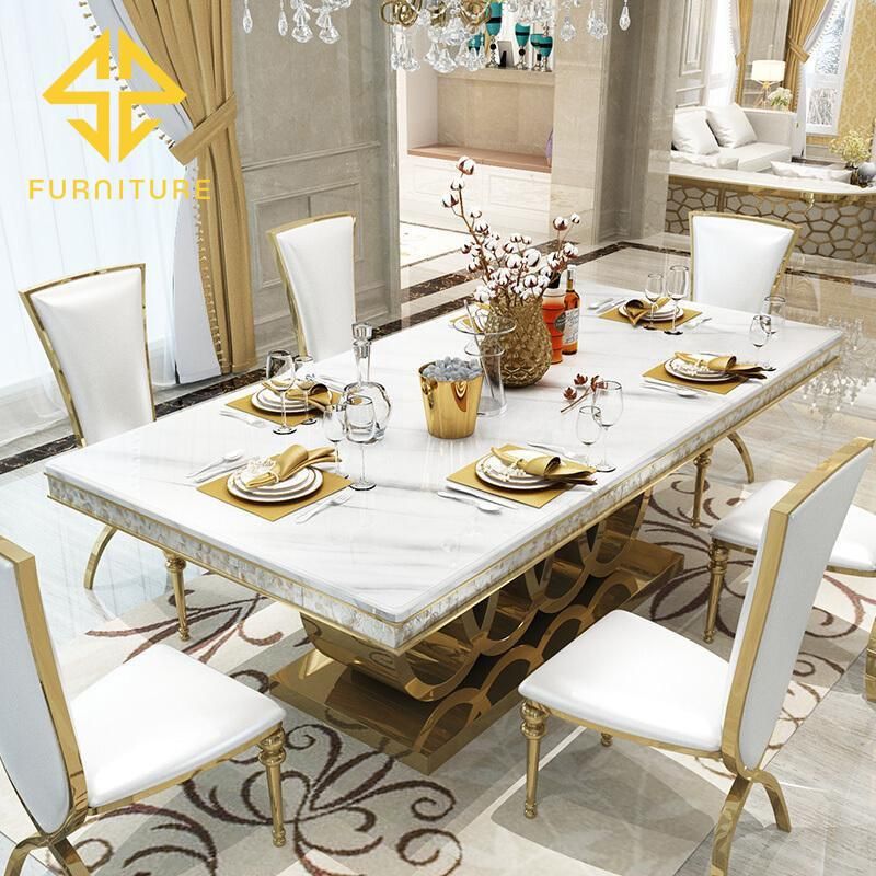 Luxury Rectangle Gold Stainless Steel Frame Glass LED Dining Table and Chairs