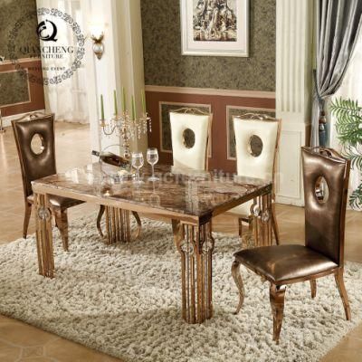 Luxury Rose Gold Stainless Steel Dining Table Design Marble Top