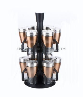 12PCS Glass Spice Jar Set with Stainless Steel Casing and Plastic Revolving Rack