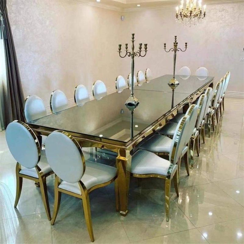 Modern Home Restaurant Furniture Chair Set Flower Decor Hole Metal Stainless Steel Back Marble Top Dining Room Table Black Glass Banquet Cake Stand Table