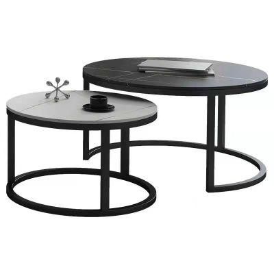 Contemporary Round Nesting Coffee Table Bent Black Gold Metal Side Glass Marble Table