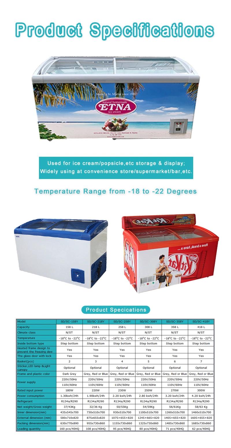 Commercial Glass Door Showcase Low Temperature Freezer for Ice-Cream SD/Sc-358y