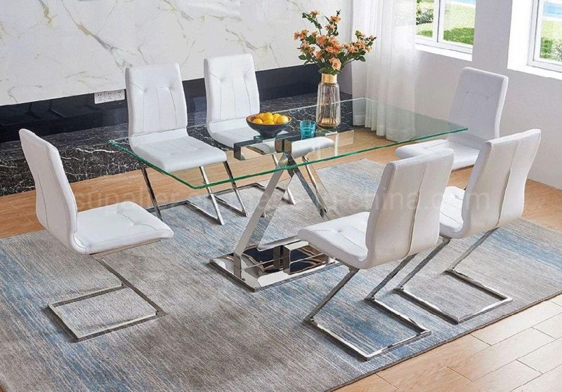 Modern Dining Room Furniture Rectangular Glass Top Steel Dining Table