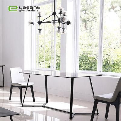 Modern Furniture 12mm Thick Grey Tempered Glass Top Iron Frame Dining Table