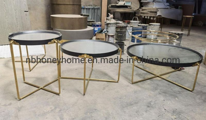 Modern Style Metal Leg Metal Round Glass Top Coffee Table