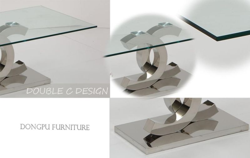 Glass Top Coffee Table with Stainless Steel Titanium U-Shaped Base Post