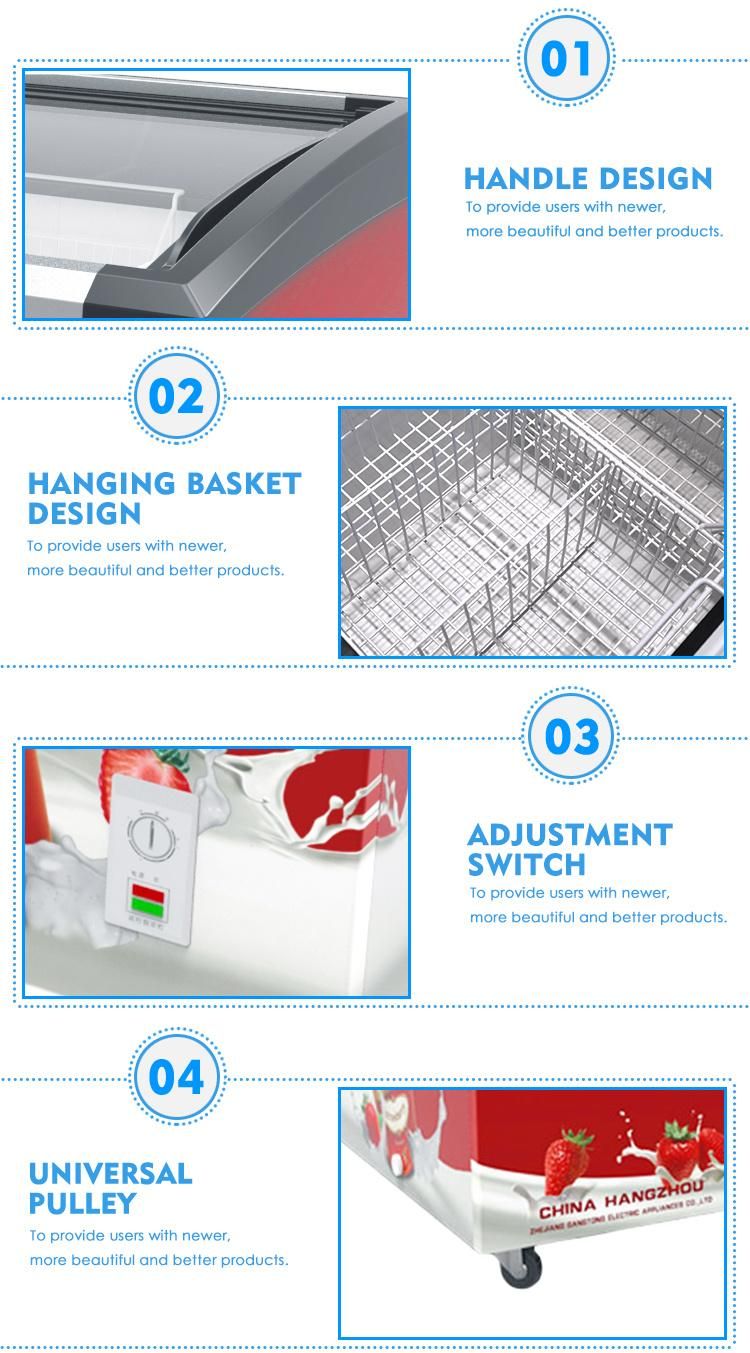 Showcase Deep Freezer Curved Sliding Glass Door Chest Freezer with Analog Thermometer or Digital Thermometer