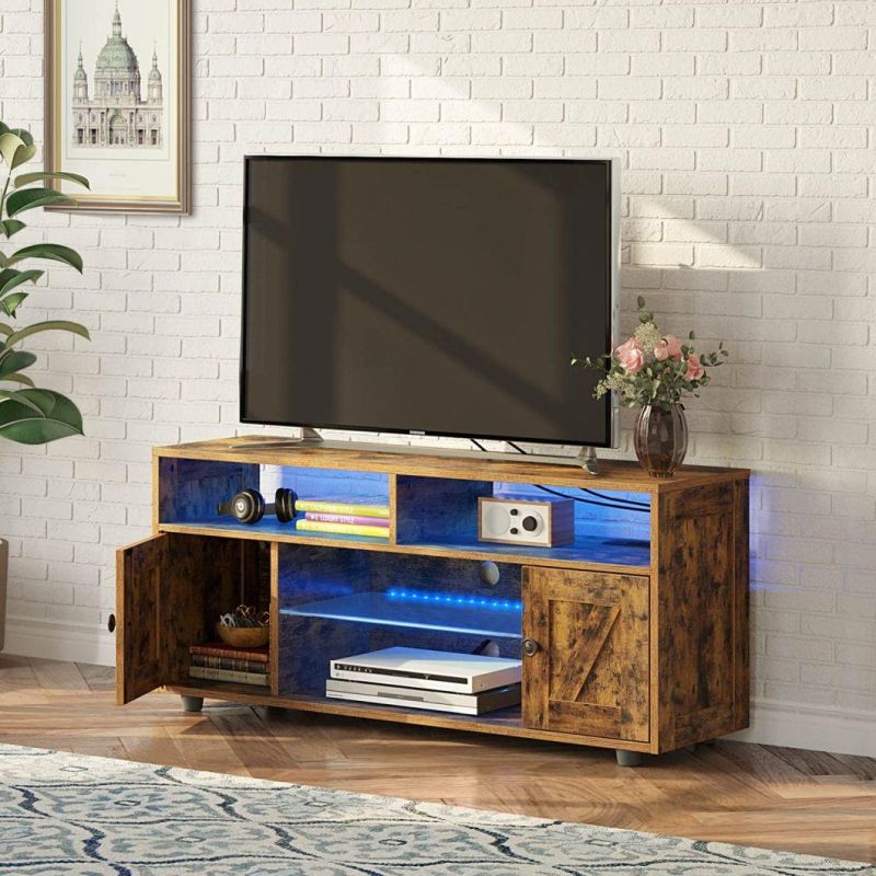 TV Stand with Power Outlet and LED Light, Entertainment Stand with Storage Barn Door Cabinets and Glass Shelf for 43/50/55/60/in TV, 47” Rustic Brown